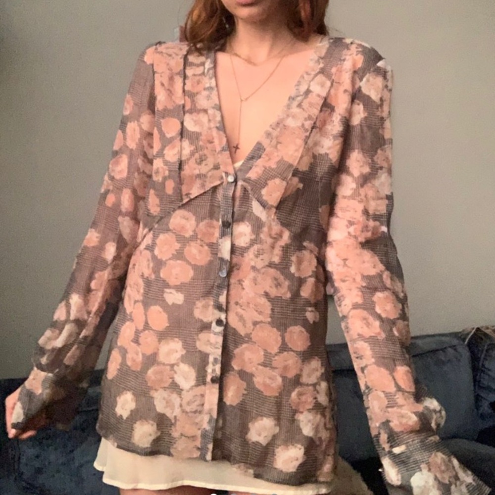 🦋 Vintage Jason Wu 100% Silk Tartan Floral Button Down V Neck Blouse